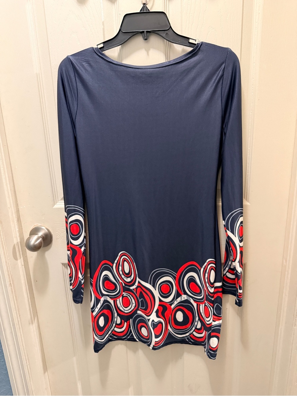 Navy Long Sleeve Tunic with Red & White Abstract Hem